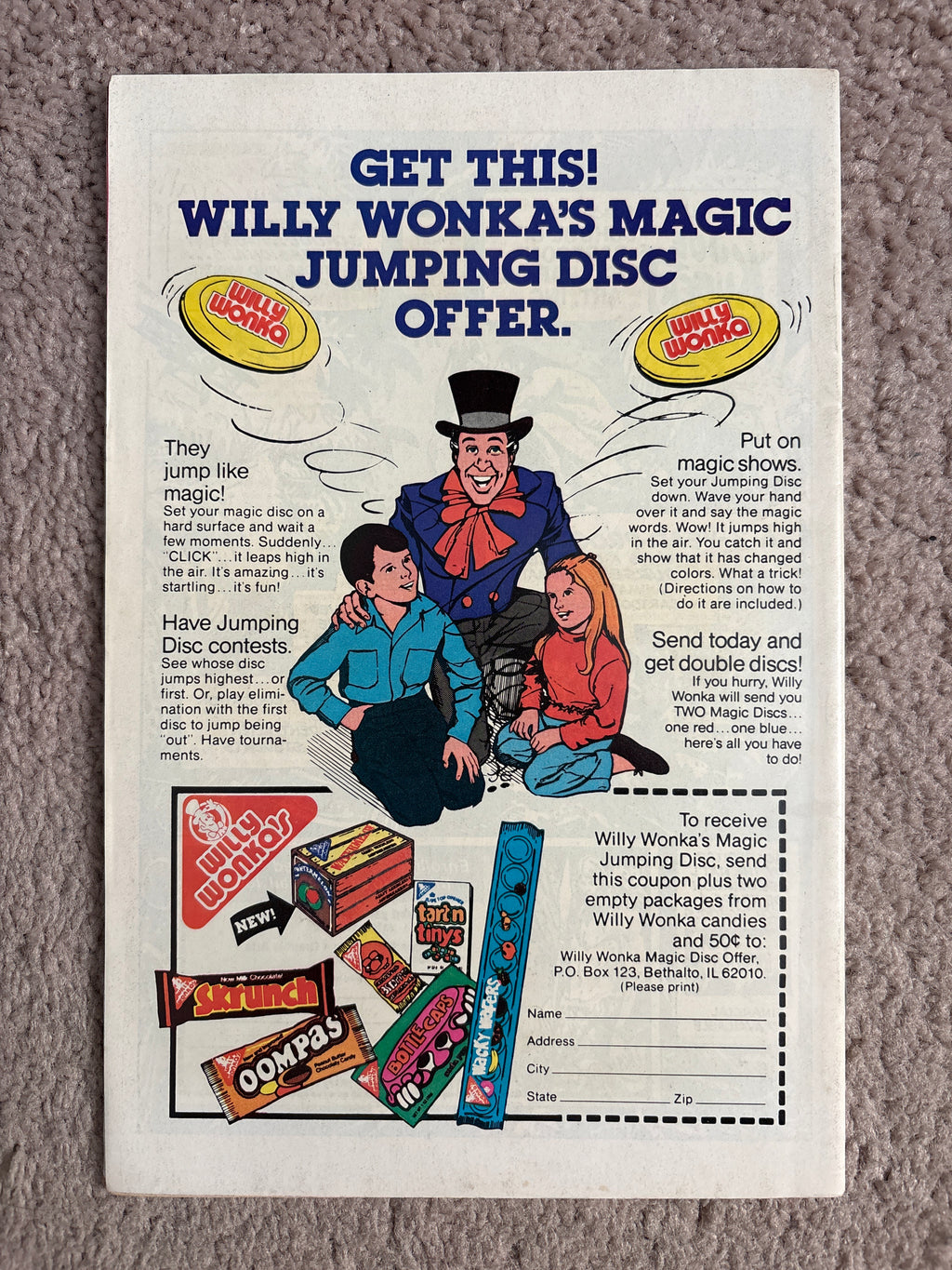 Back cover of Superman #374 with Willy Wonka's Magic Jumping Disc advertisement