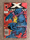 Front cover of Marvel Comics X-Factor issue 33, with X-Factor logo and blue character on red background