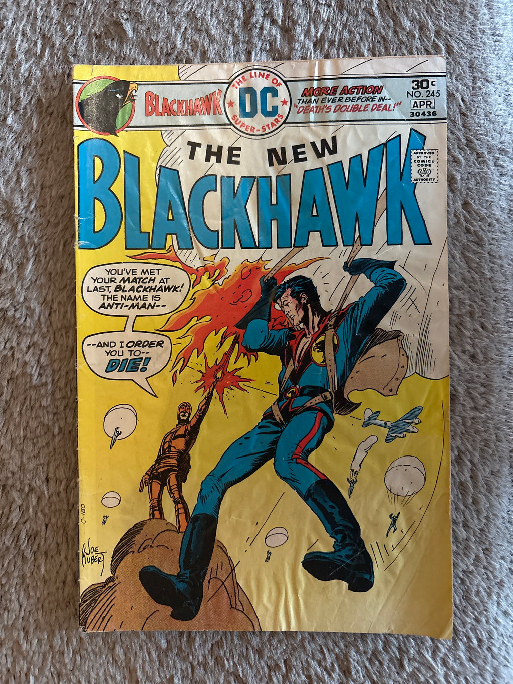 The New Blackhawk #245 front cover, DC Comics April 1976, Blackhawk vs. Anti-Man by Joe Kubert