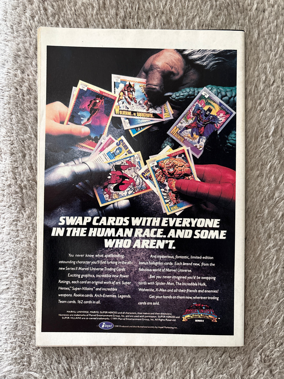 Avengers #337 back cover, Marvel Universe Series II trading cards advertisement