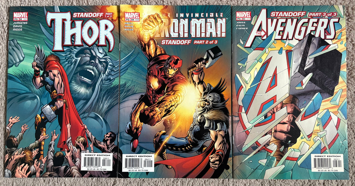Front covers: Thor #58, Invincible Iron Man #400, Avengers #63 — Marvel Standoff Parts 1-3