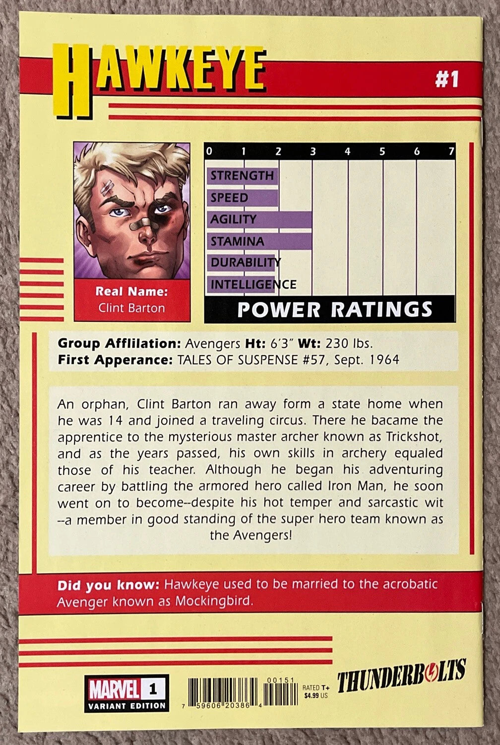 Thunderbolts #1 Hawkeye Hero Variant back cover – power ratings and bio, Marvel Comics