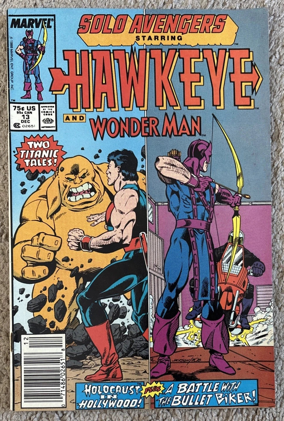 Solo Avengers #13 front cover — Marvel Comics December 1988 Hawkeye and Wonder Man
