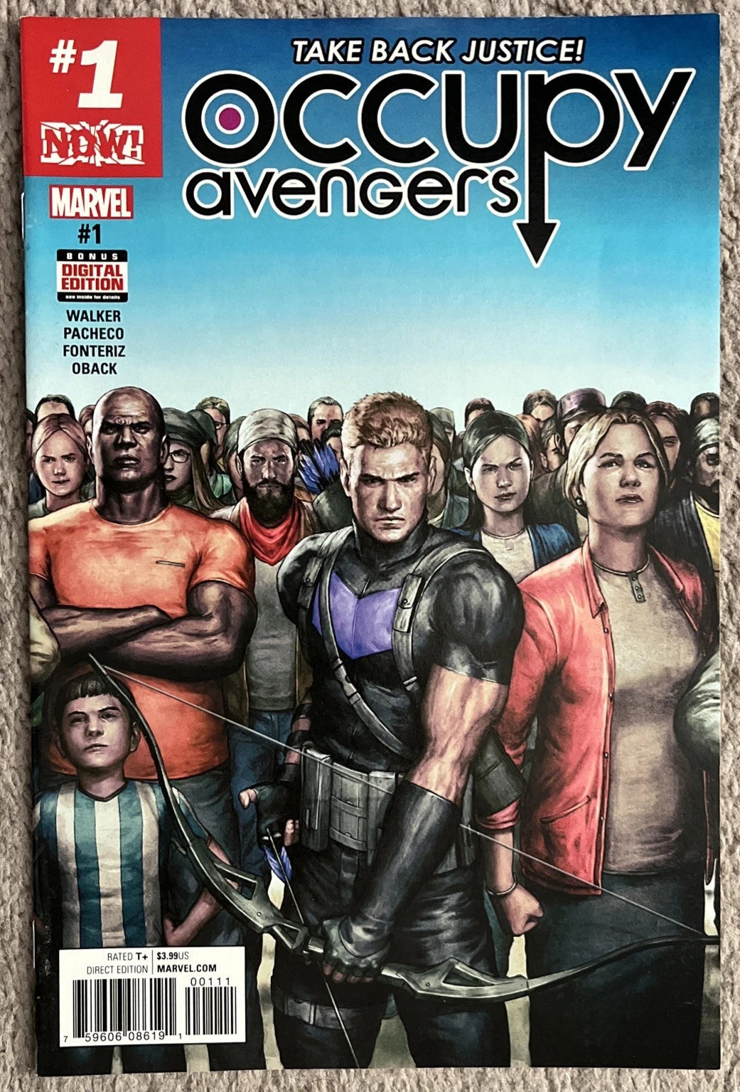 Occupy Avengers #1 cover — Marvel NOW! Direct Edition featuring Hawkeye and a crowd of civilians