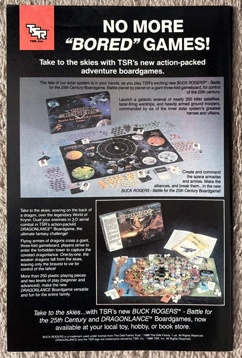 Justice League International #20 back cover — DC Comics 1988 TSR Buck Rogers Dragonlance boardgame ad