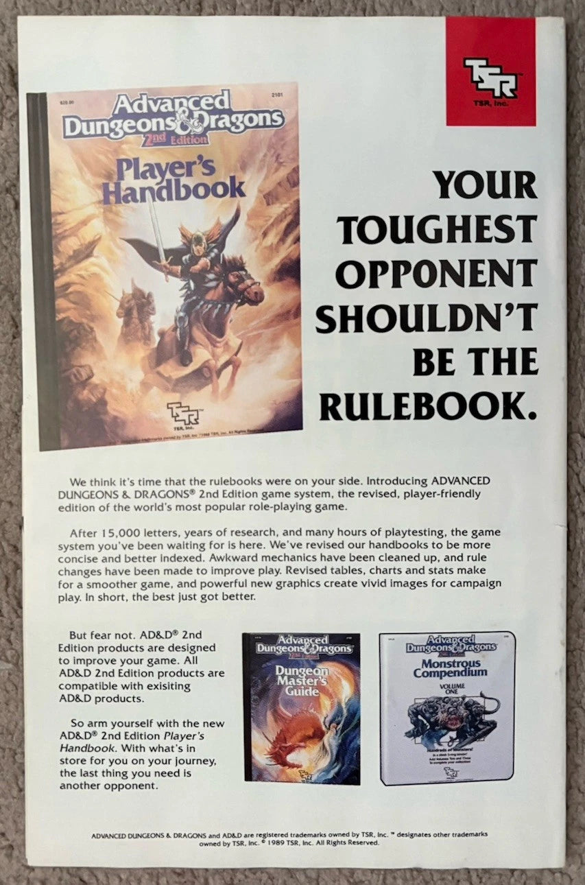 Iron Man Annual #10 back cover – AD&D 2nd Edition Player's Handbook advertisement, TSR 1989