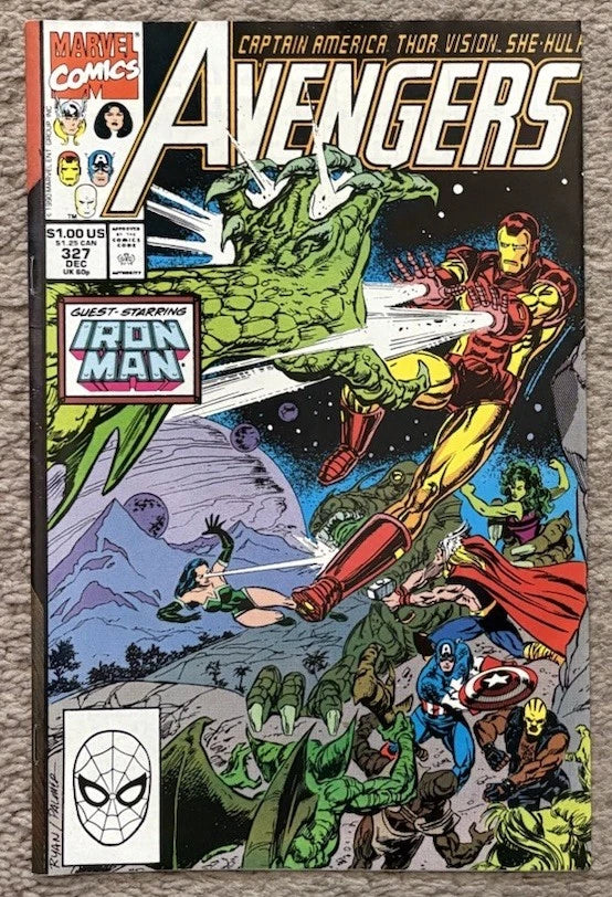 Avengers #327 front cover – December 1990 Marvel Comics featuring Iron Man, Captain America, Thor, She-Hulk, and Vision