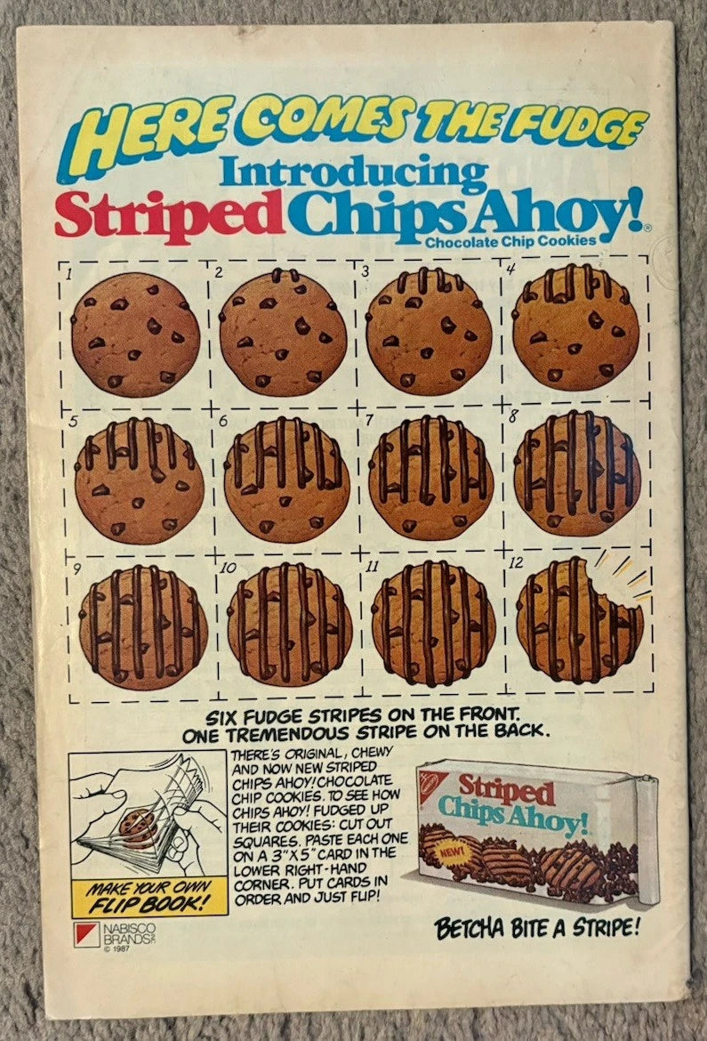 Captain Atom #7 back cover — DC Comics 1987 Nabisco Striped Chips Ahoy launch ad Betcha Bite a Stripe
