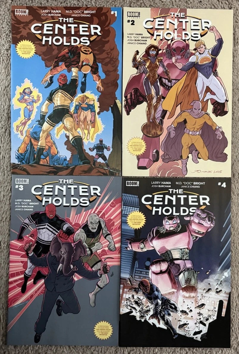 The Center Holds #1-4 front covers — BOOM! Studios 2025 Larry Hama M.D. Doc Bright complete set