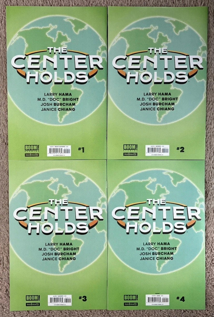 The Center Holds #1-4 back covers — BOOM! Studios 2025 green globe uniform design complete set