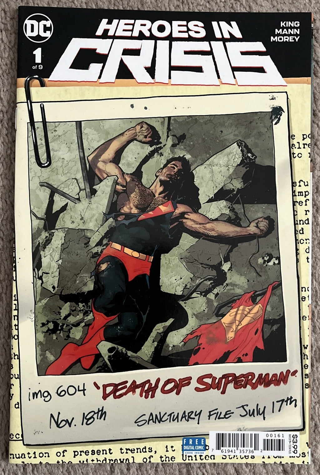 Heroes in Crisis #1 cover – Death of Superman Sanctuary File, DC Comics Tom King