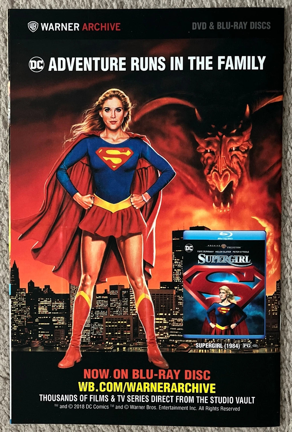 Heroes in Crisis #1 back cover – Warner Archive Supergirl 1984 Blu-ray ad