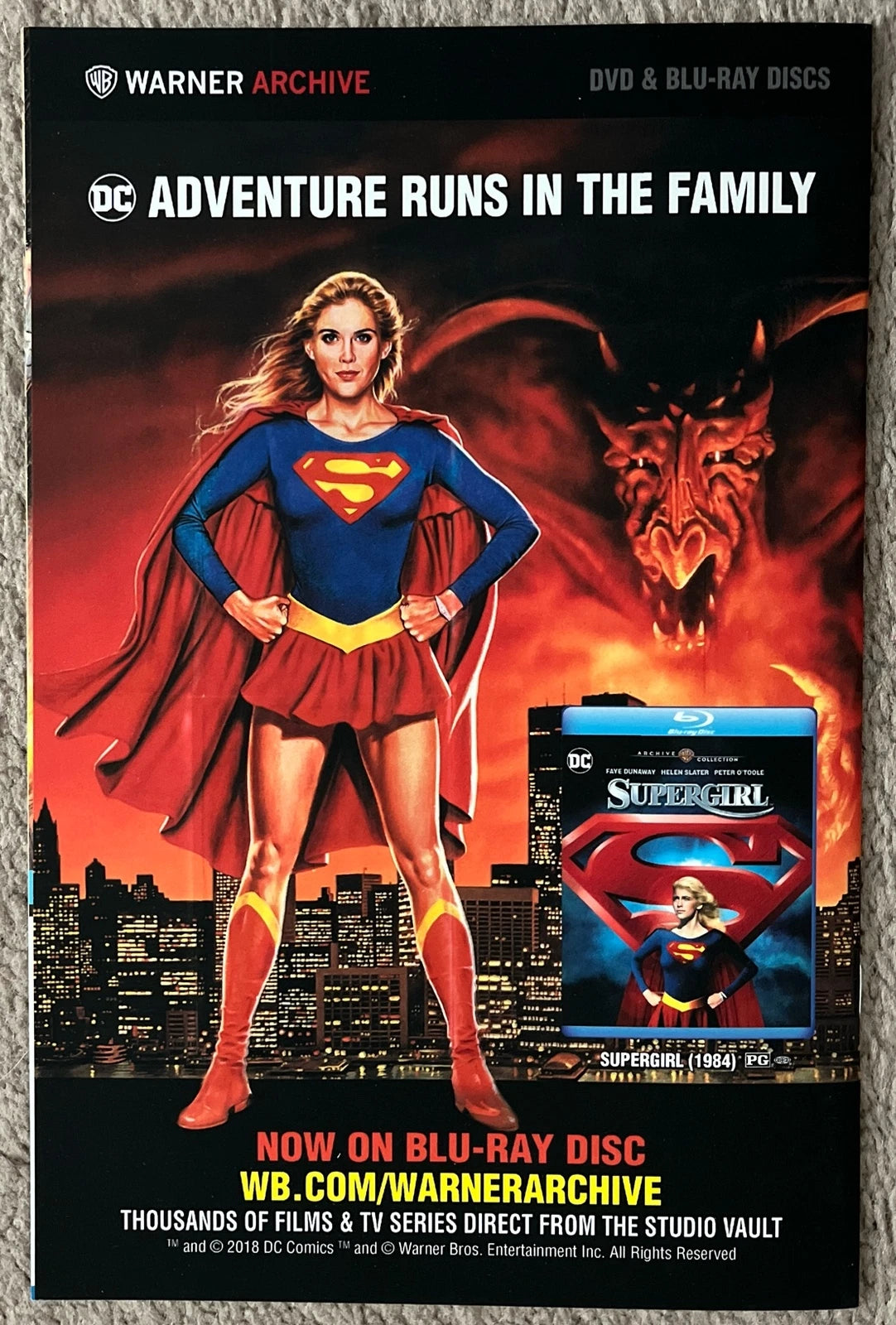 Heroes in Crisis #1 back cover – Warner Archive Supergirl 1984 Blu-ray ad